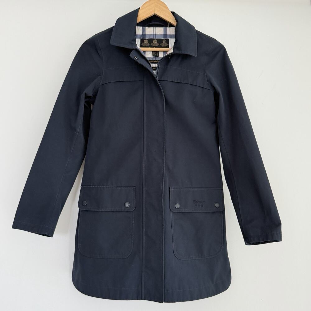 Barbour Almanac Rain Coat Womens 4 Navy Waterproof Plaid Lining Zip Jacket Parka